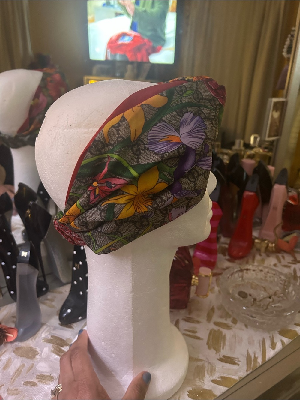 Gucci Floral Twist Headband in Gray with Multicolor Accents - Picture 9 of 14